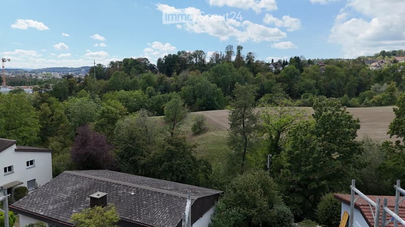 A panoramic view of a suburban area with houses, trees, and a field, under a partly cloudy sky.