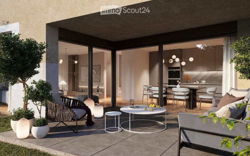 outdoor living area with sofa, coffee table, side tables, chairs, and lamps