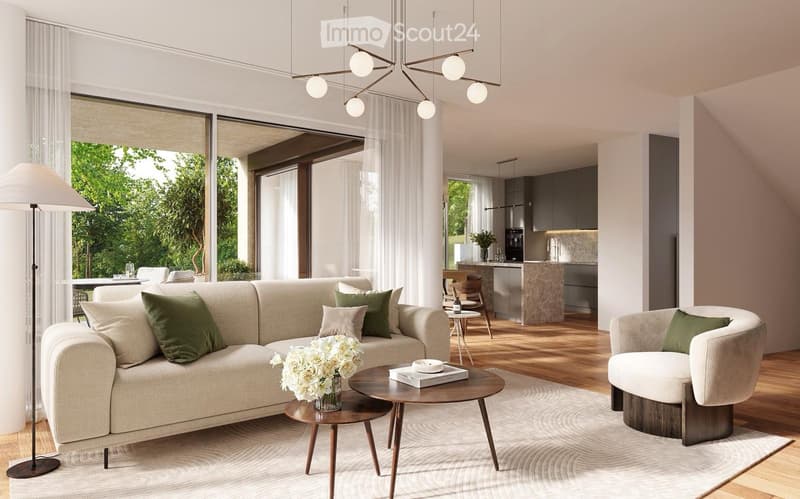 Modern living room with beige sofa, glass center table, and wooden coffee table. It also features a kitchen area and floor-to-ceiling windows