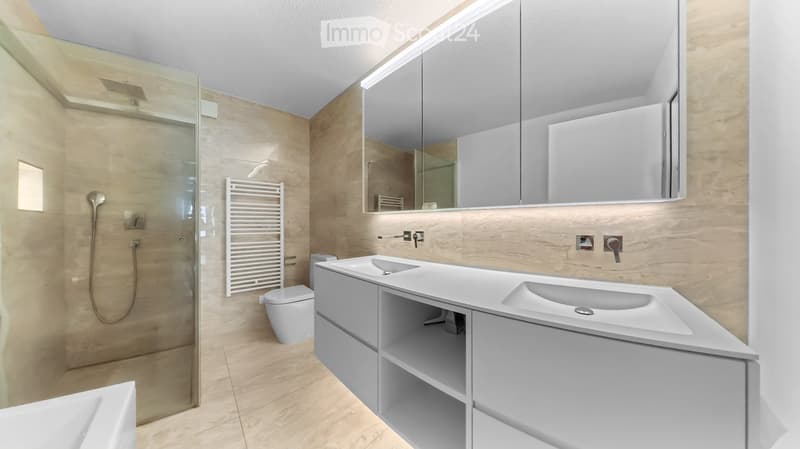 Modern bathroom with a double sink vanity, large mirror, toilet, glass-enclosed shower, and a towel rack.
