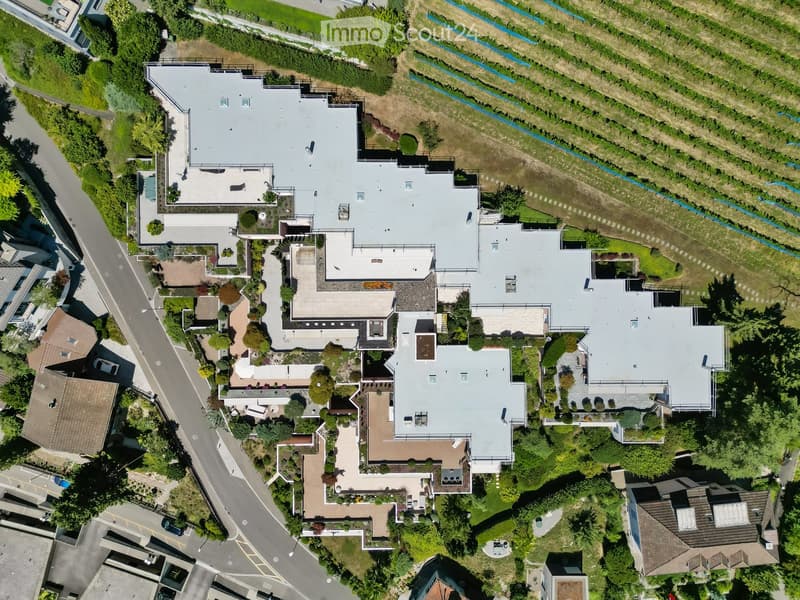 Aerial view of a large, multi-story residential building with a grey roof, surrounded by greenery and neighboring houses.