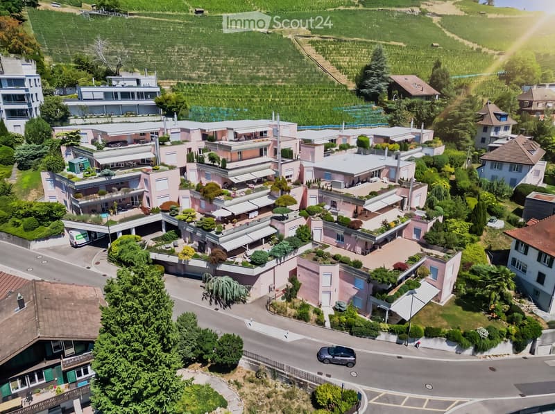 Aerial view of a residential area with multiple modern houses, surrounded by greenery and a road. Houses feature flat roofs, balconies, and well-maintained gardens.
