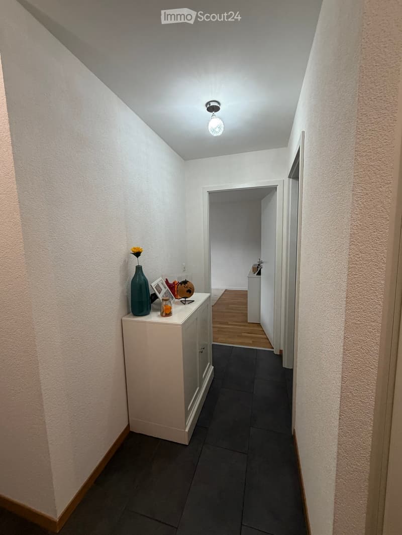 A narrow hallway with dark tiled flooring, white walls, and a small cabinet with decorative items including a vase, picture frame, and globe. A ceiling light fixture is visible, and a doorway leads to another room with wooden flooring.