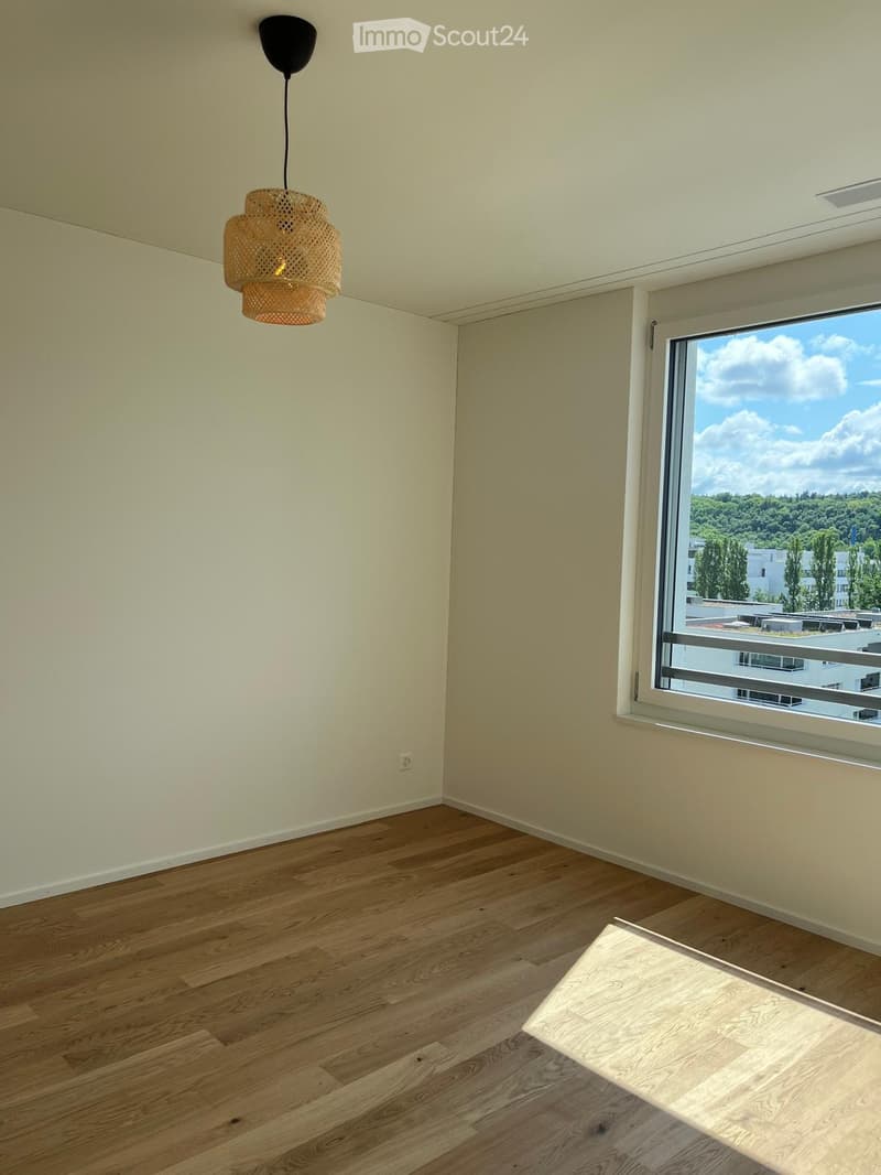 Empty room with light-colored walls, wooden flooring, and a large window offering a view of the outdoors. A woven pendant light hangs from the ceiling.