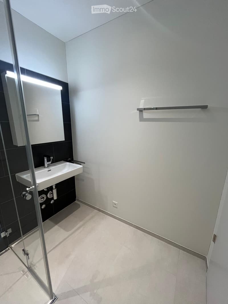 Modern bathroom with white walls, a white sink, a mirrored cabinet, and a glass shower enclosure. The floor is tiled in light gray.