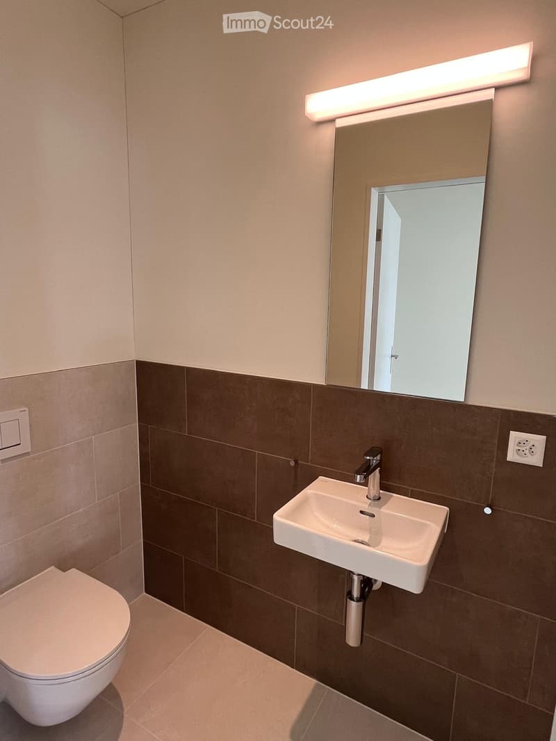 Modern bathroom with a white toilet, a white sink with a chrome faucet, and a large mirror with built-in lighting above the sink. The walls are tiled in a combination of light beige and dark brown tiles.