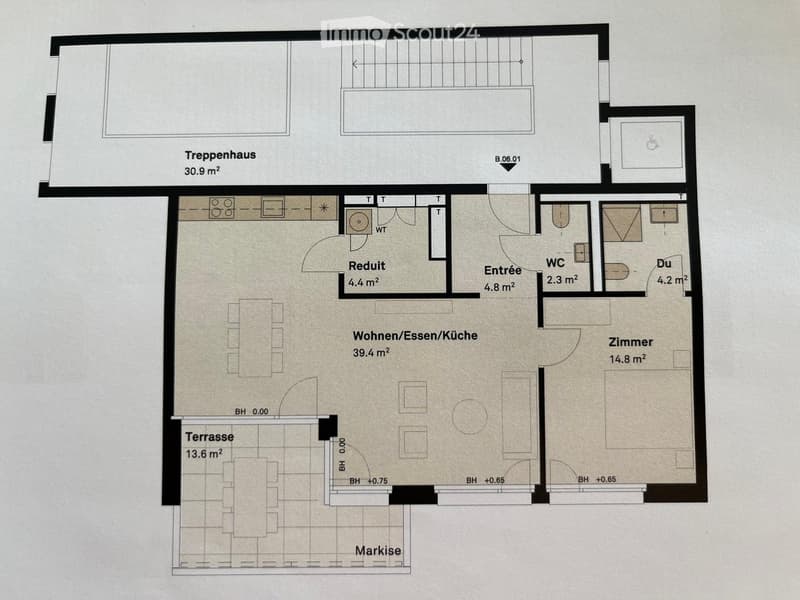 Floor plan of a residential unit featuring a living/dining/kitchen area, bedroom, WC, entrance, terrace, and staircase.