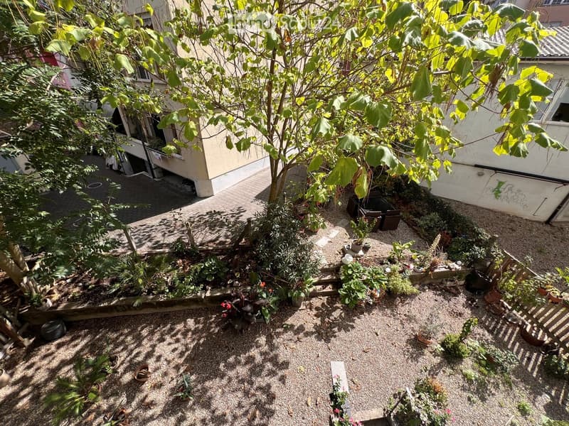 A small, well-maintained garden area with gravel ground, various potted plants, and a central tree. The garden is enclosed by a building with a paved pathway leading to a garage.