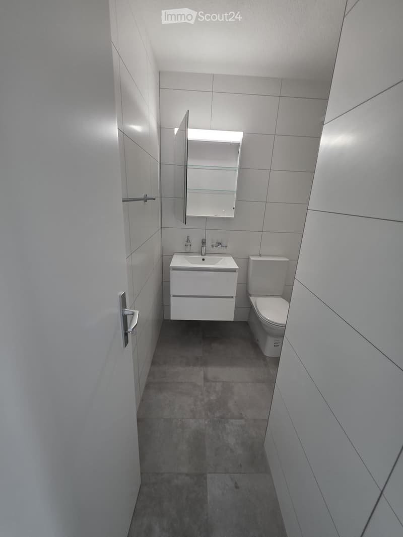 Modern bathroom with white tiles, a sink with a cabinet, a toilet, and a mirrored cabinet with shelves.