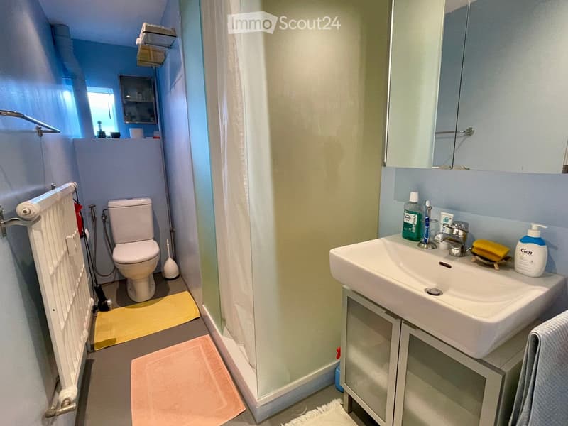 Modern bathroom with a toilet, sink, mirror, and various toiletries. Features a glass shower enclosure, towels, and a small window for natural light.