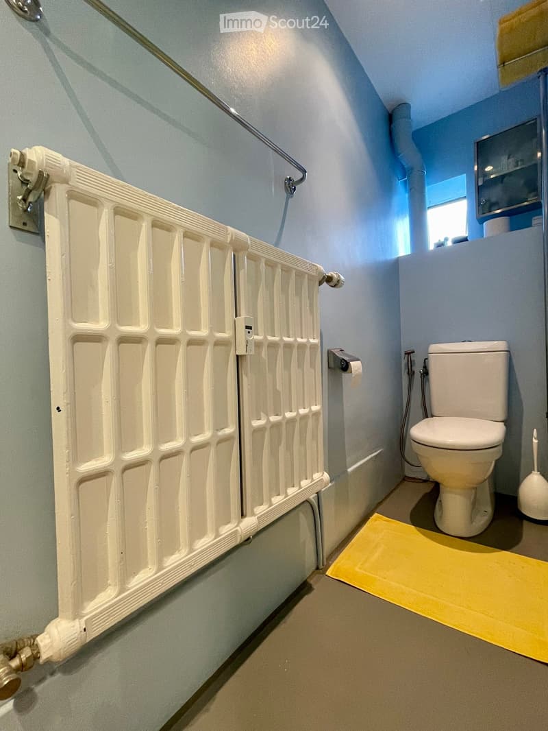Bathroom with a toilet, toilet brush, radiator, and a yellow bathroom mat. Light blue walls and a window letting in natural light.