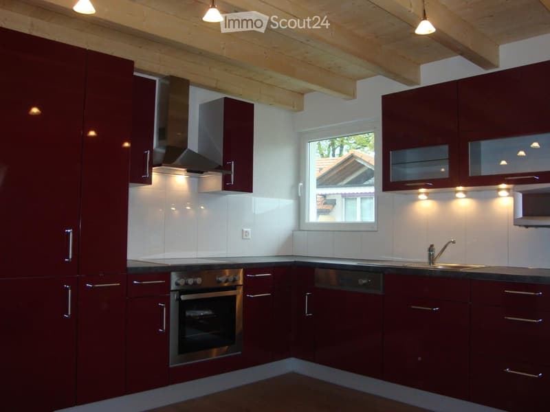 Modern kitchen with dark red cabinets, stainless steel appliances, and a window overlooking a neighboring house.