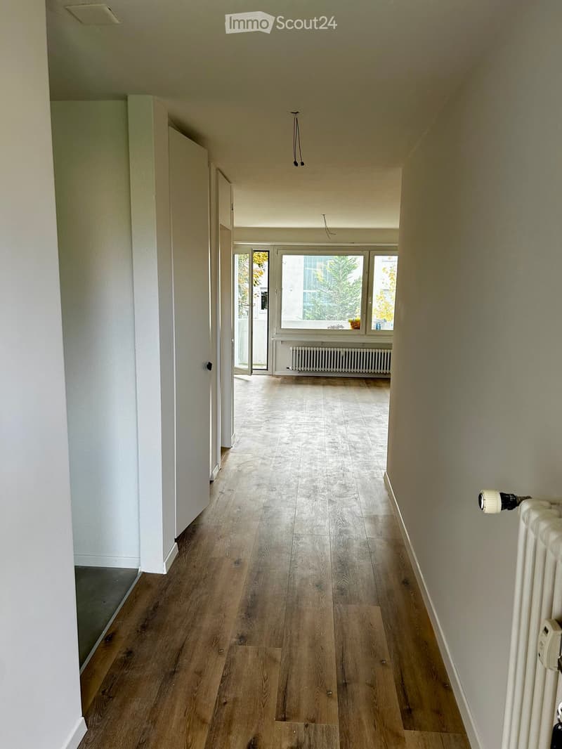 Empty corridor, wooden floor, white walls, large window, sliding door, radiator