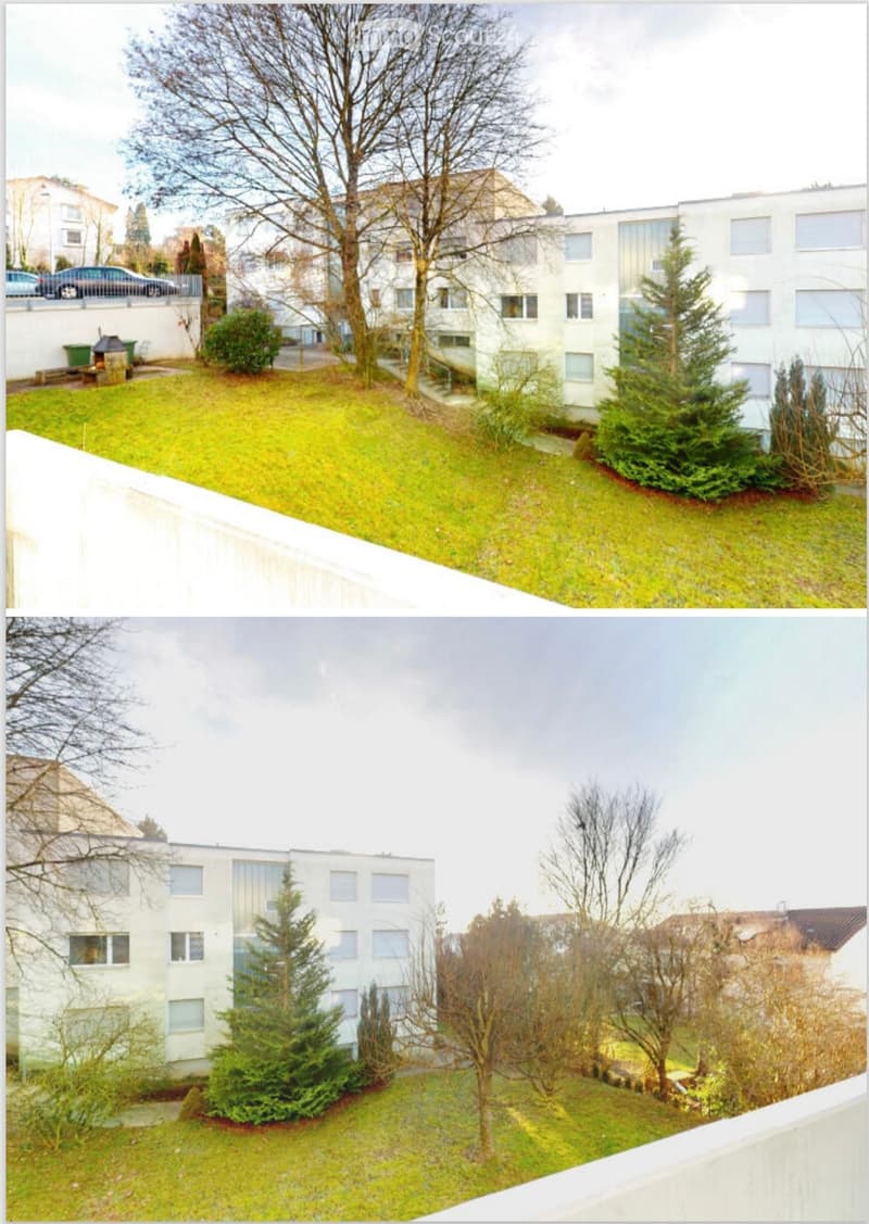 Two images show a well-maintained garden area with green grass, trees, and shrubs, surrounded by modern white apartment buildings.