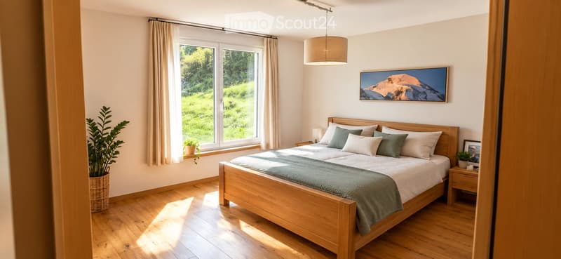 Bright bedroom with wooden bed, nightstand, pendant light, large window with view, and decorative plant.