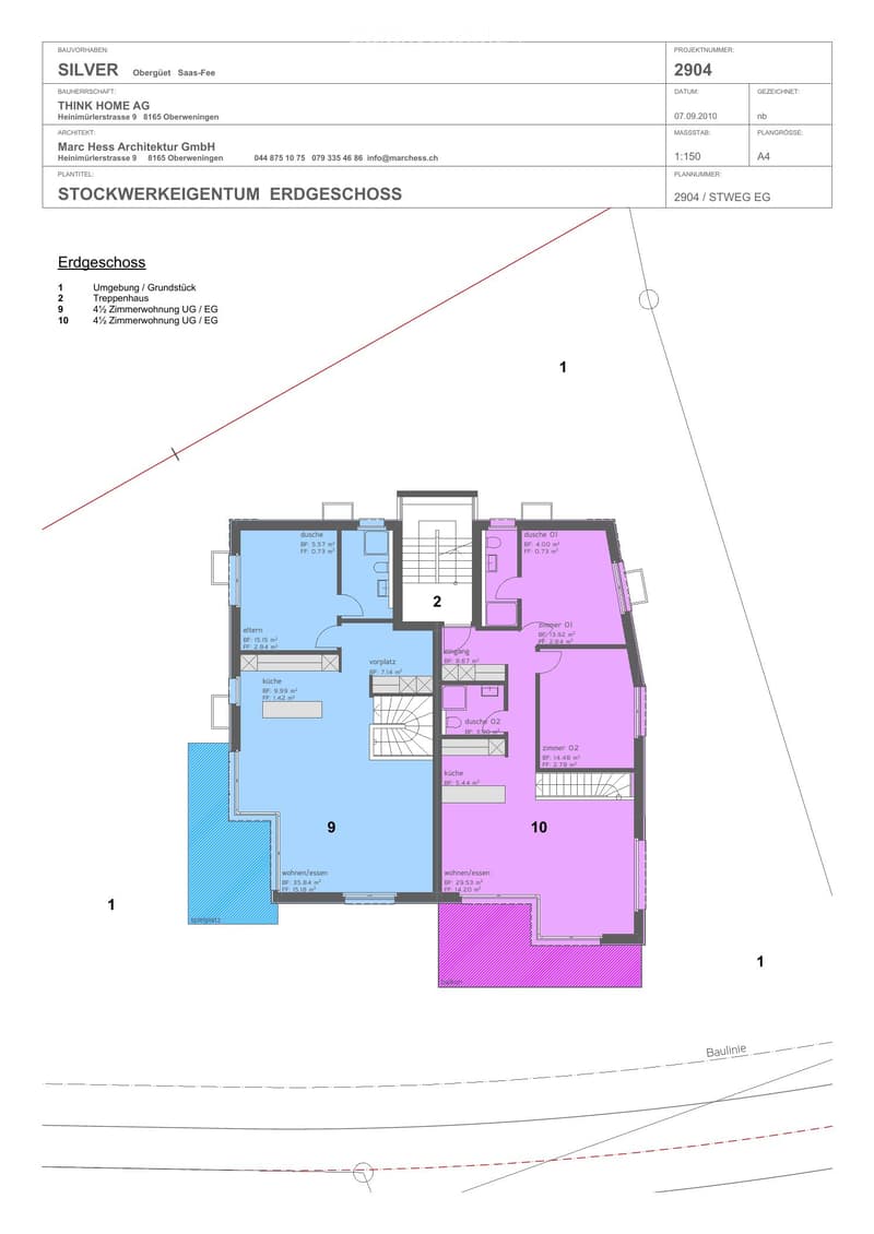 Floor plan of the ground floor showing two4.5-room apartments, each with living/dining area, kitchen, bedroom, and bathrooms.