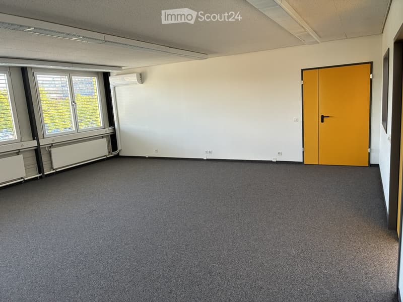 Empty room with grey carpet, white walls, large windows, and a yellow door.