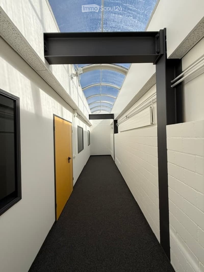 Modern hallway with white walls, black carpet, and a skylight ceiling. Features a wooden door on the left and a black structural beam overhead.
