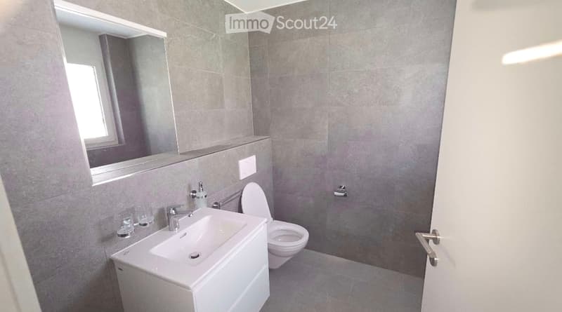 Modern bathroom with grey tiled walls and floor, white sink, toilet, and mirror. Two small cups are placed on the sink counter.