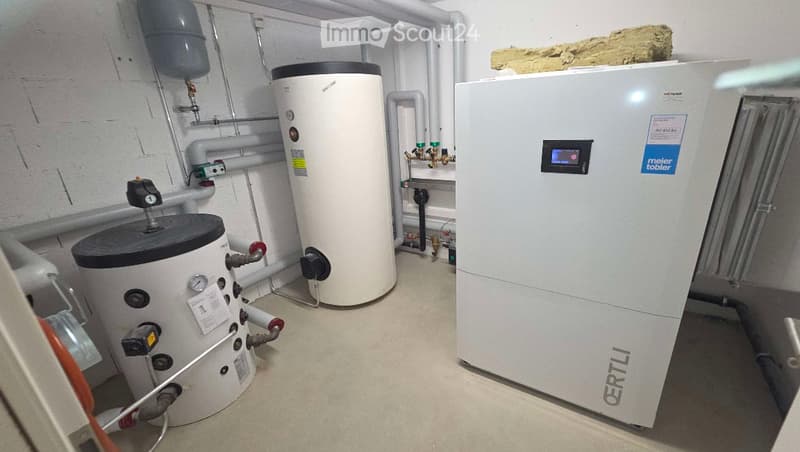 Utility room with water heaters, boiler, thermostat, and various pipes.
