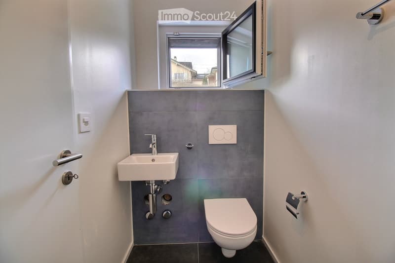 Modern bathroom with a white sink, chrome faucet, toilet, and a large mirror above the sink. Grey tiled backsplash and dark grey floor tiles.