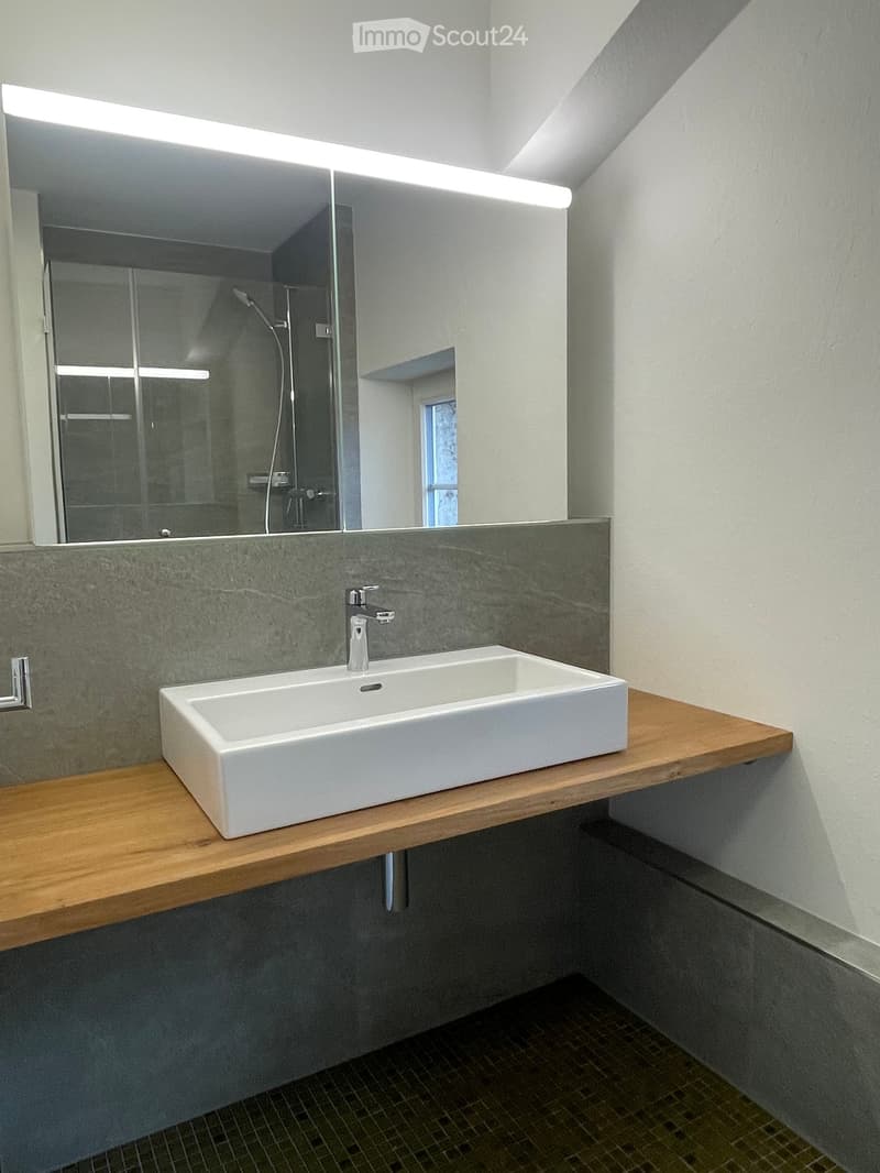 A bathroom featuring a large mirror, a rectangular sink with a faucet, a wooden countertop, a gray tiled wall, and a window with a shower enclosure.