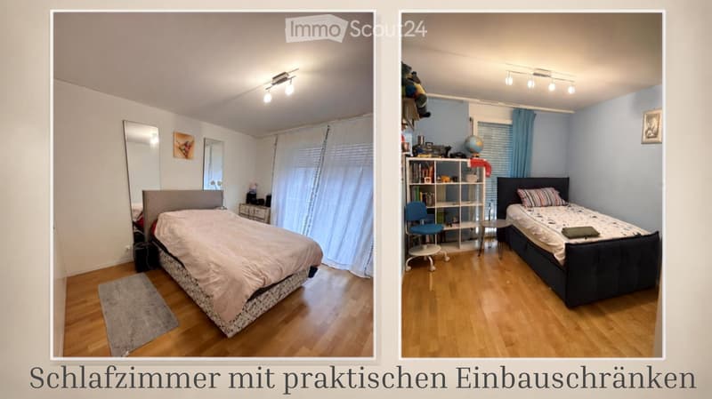 Two bedrooms with wooden flooring, beds, shelves, and mirrors. Both rooms feature modern decor and ample natural light from large windows.