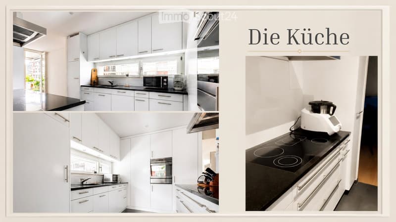 Modern kitchen with white cabinets, black countertops, and stainless steel appliances including a microwave, coffee maker, and induction cooktop.