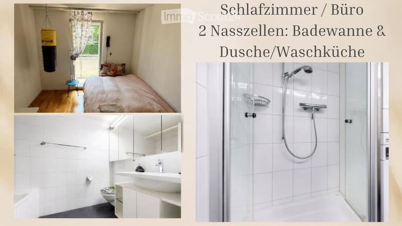 A multi-functional room serves as both a bedroom and office, featuring a bed with pillows, a small stool, and a punching bag. The adjacent bathroom includes a sink, toilet, bathtub, and a separate shower area.
