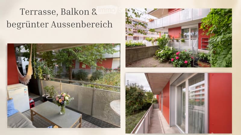 The image shows a collage of outdoor spaces including balconies and terraces with greenery, seating, and decorative elements.