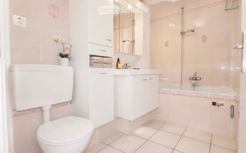 Modern bathroom with white tiles, a toilet, a sink with a mirror cabinet, a bathtub, and a small flower vase on the cabinet.
