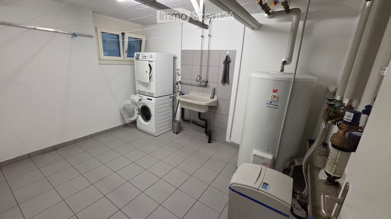 Utility room with a washing machine, sink, water heater, and various pipes.