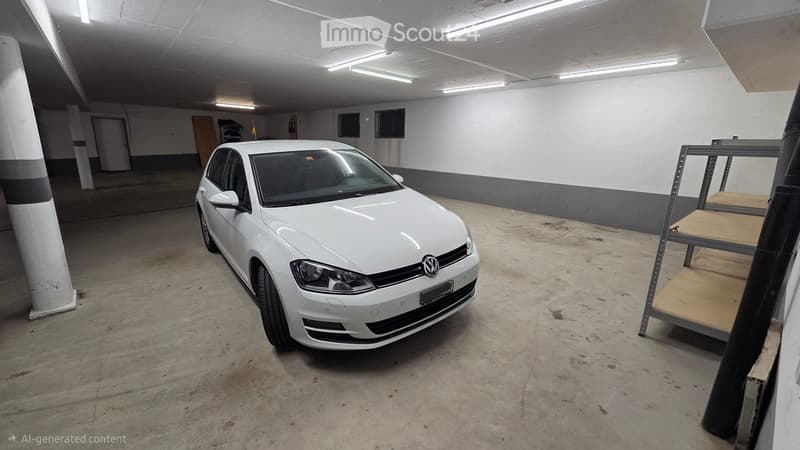 Underground garage with a white Volkswagen car parked inside, concrete floor, white walls, fluorescent lighting, and metal shelving units.