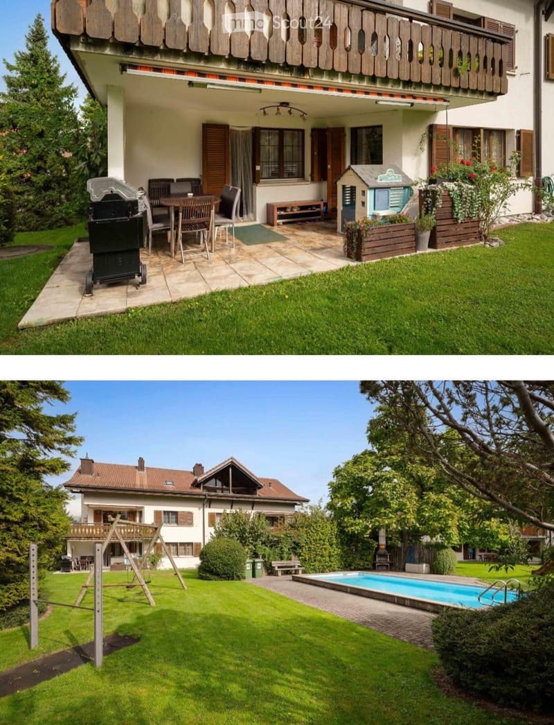 Two images show a well-maintained garden and outdoor area of a house. The first image features a patio with a dining set, grill, and small playhouse, surrounded by greenery and a wooden fence. The second image displays a larger garden with a swimming pool