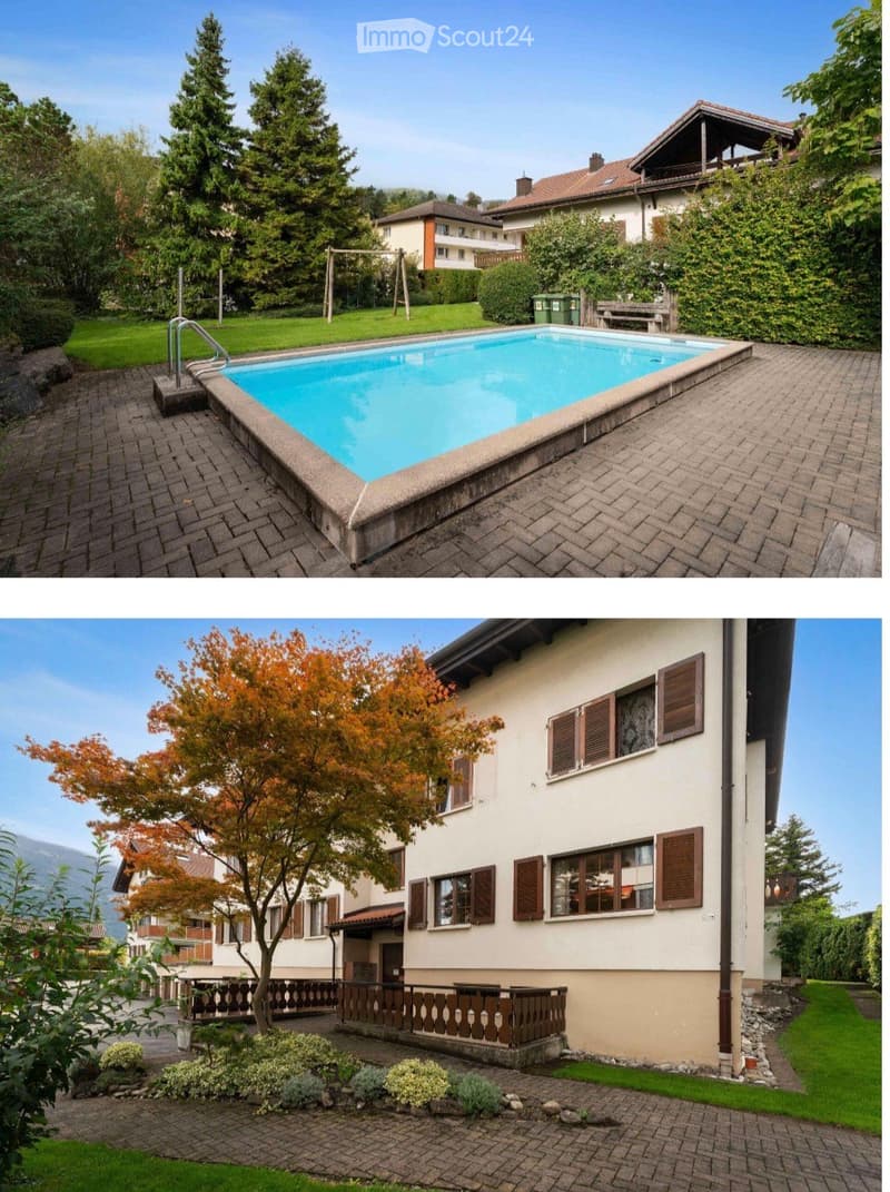 Two images show a residential property with a swimming pool in the garden area and a well-maintained house with a brick patio and surrounding greenery.