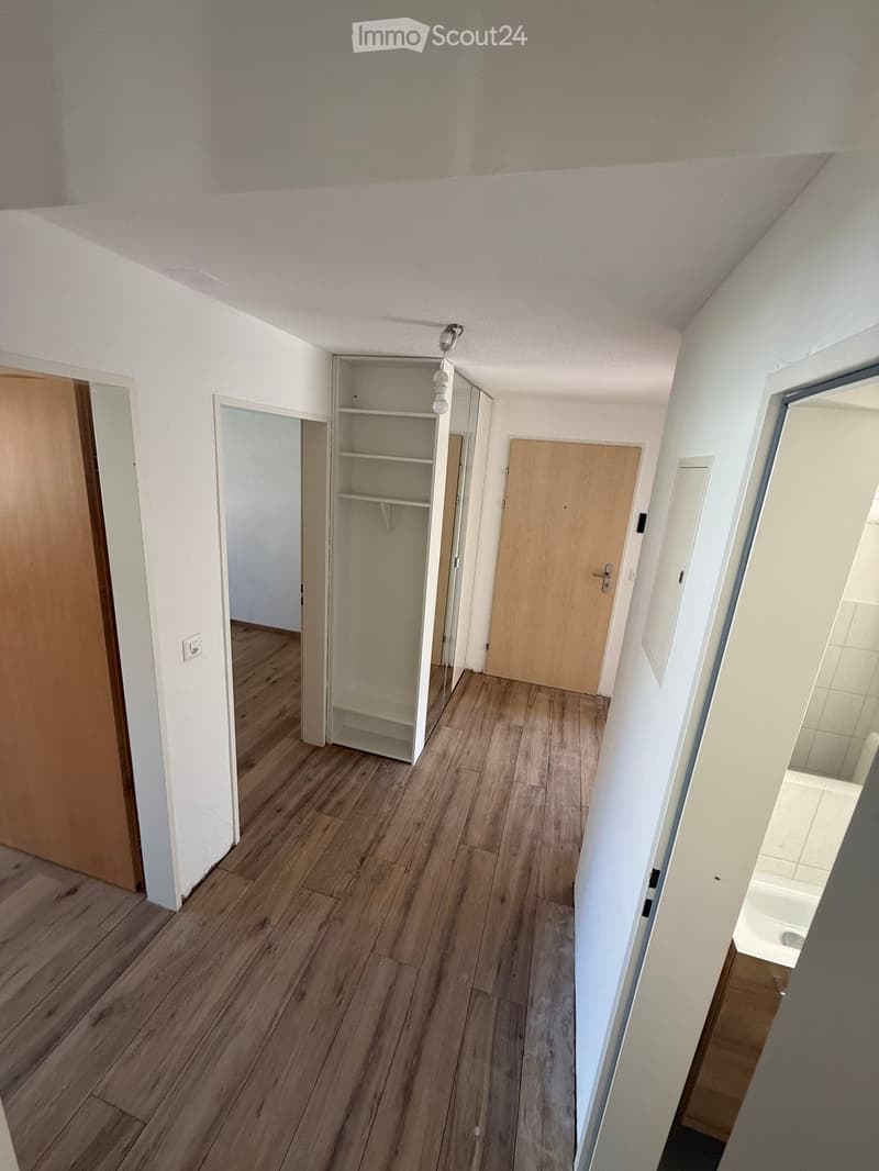 Empty hallway with wooden flooring, white walls, and several doors leading to other rooms. A small built-in closet is visible on the left side.