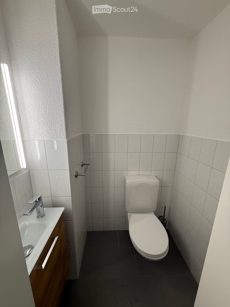 Modern bathroom with white tiled walls, a toilet, a sink with a chrome faucet, a mirror, and a towel rack.