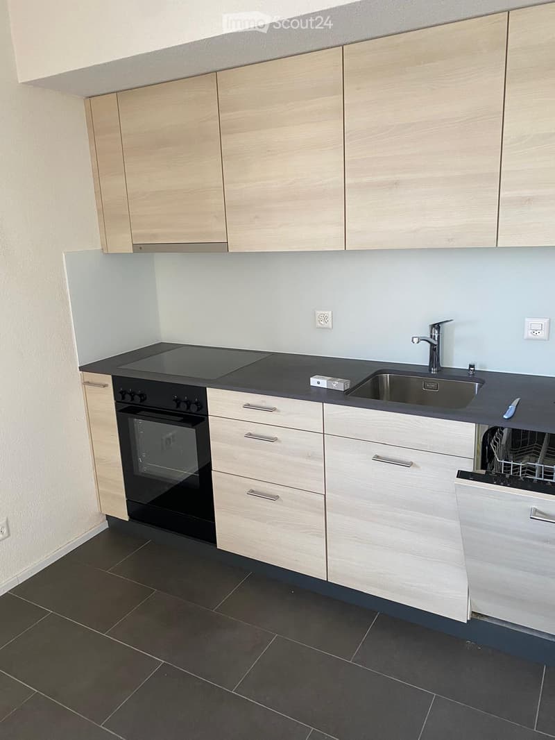 Modern kitchen with light wood cabinets, black countertop, built-in oven, sink, and dishwasher. Dark tiled floor and light grey walls.