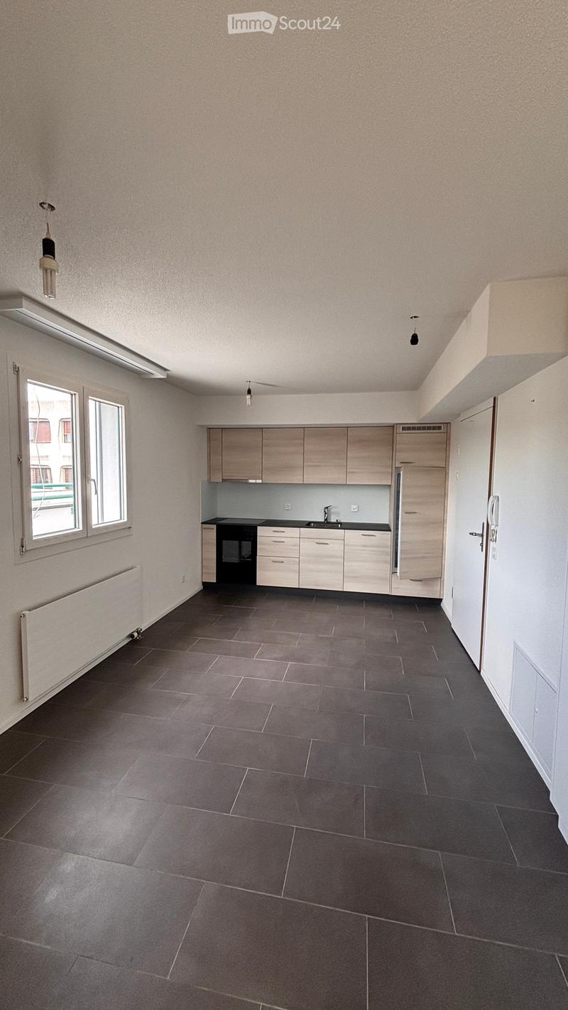 Modern kitchen with light wood cabinets, dark tiled floor, and stainless steel appliances including a sink, faucet, and refrigerator.