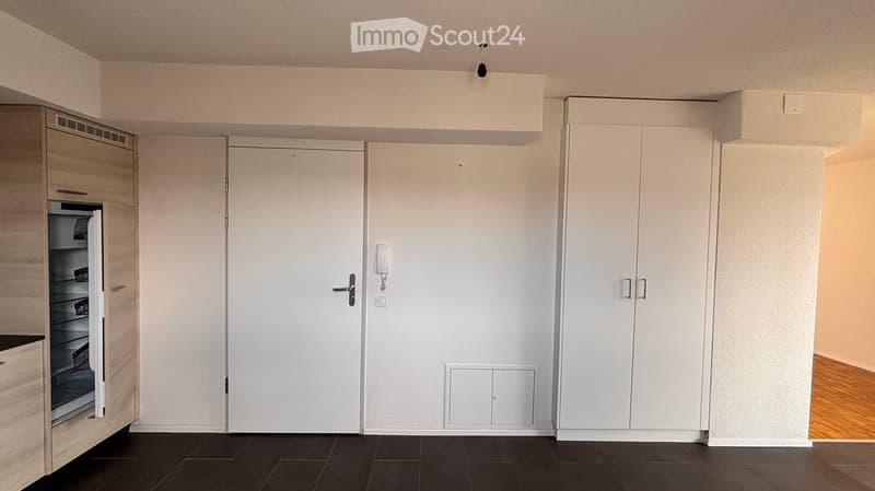 Empty room with white walls, dark tiled floor, and built-in white cabinets and a refrigerator unit.