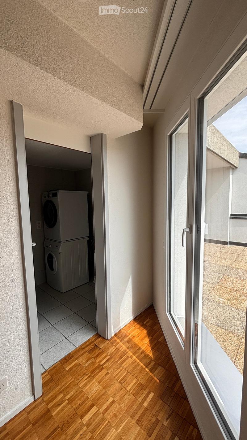 Narrow hallway with wooden flooring, white walls, and a large window on the right side. A door on the left leads to a room with a washing machine and dryer.