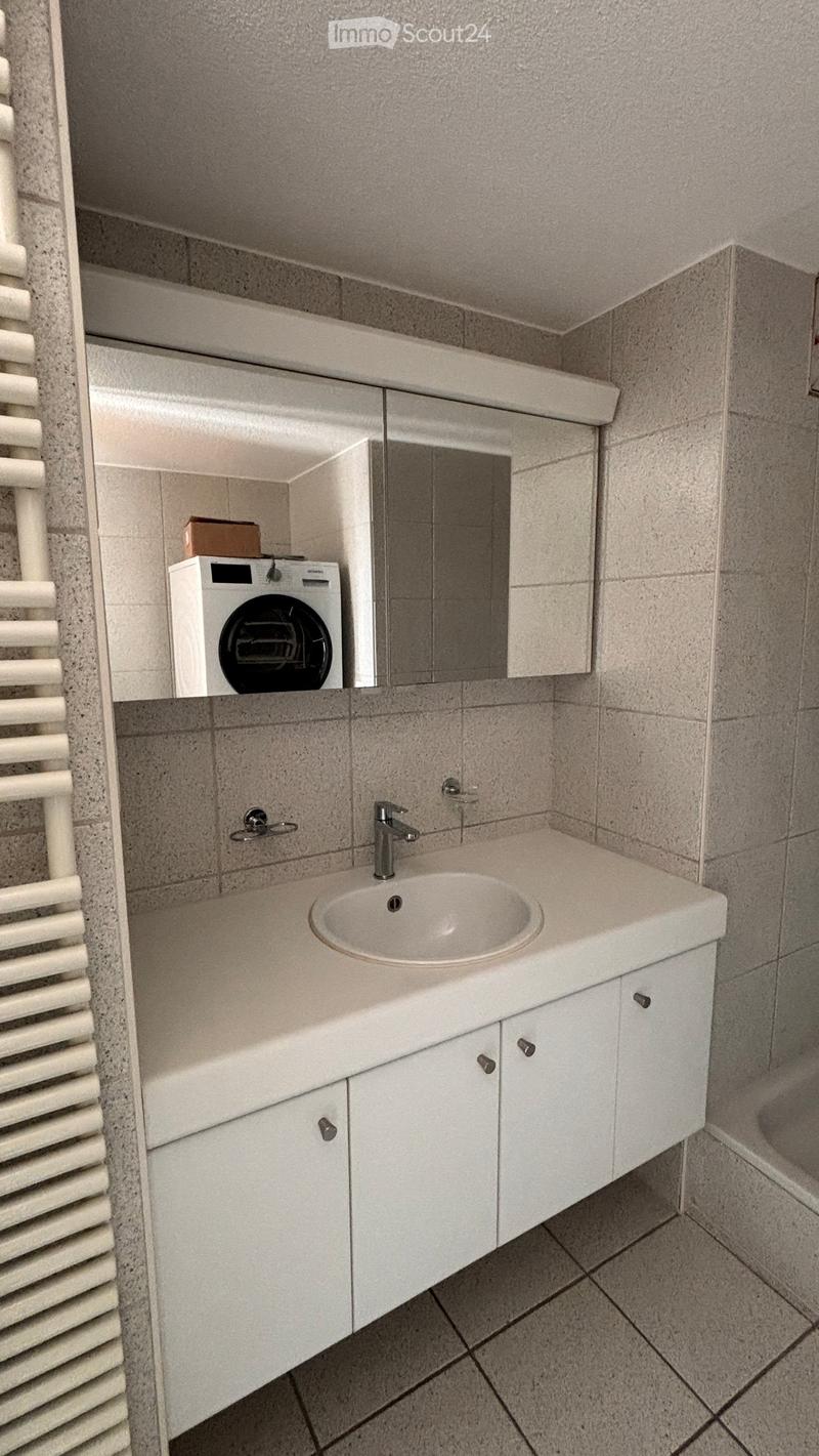 Modern bathroom with a white sink, faucet, mirrored cabinet, and a washing machine in the background.