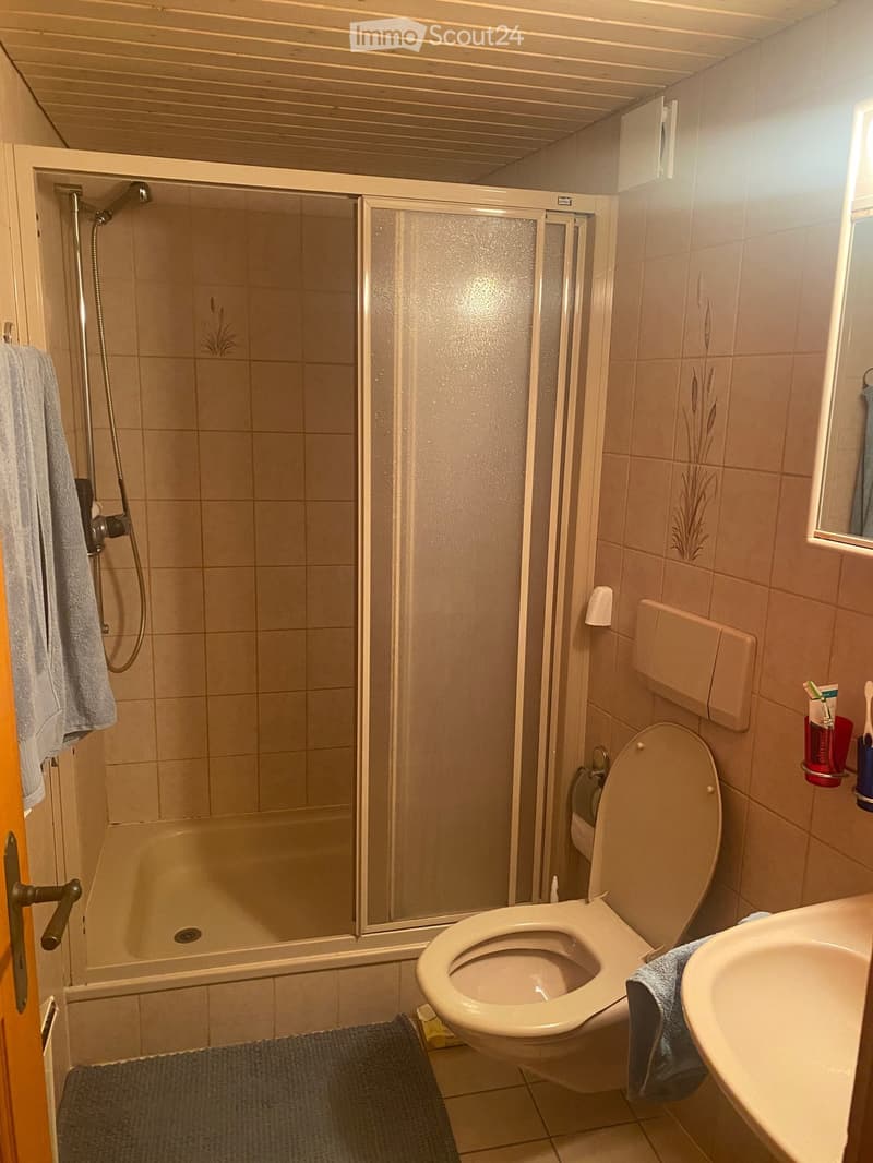 white shower stall, walk-in shower, white tiled wall, silver toilet, blue towels on hooks, white sink, mirror, soap holder