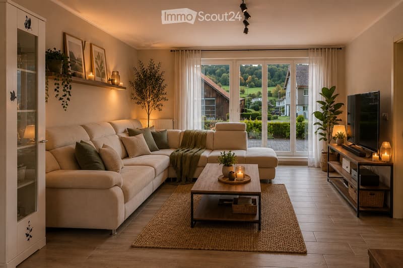 Modern living room with a large sectional sofa, coffee table, TV stand, and decorative plants. Large windows offer a view of a green landscape.