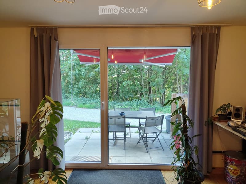 Bright living space with large sliding glass doors opening to a patio, featuring a dining table and chairs, potted plants, and a desk with a speaker.