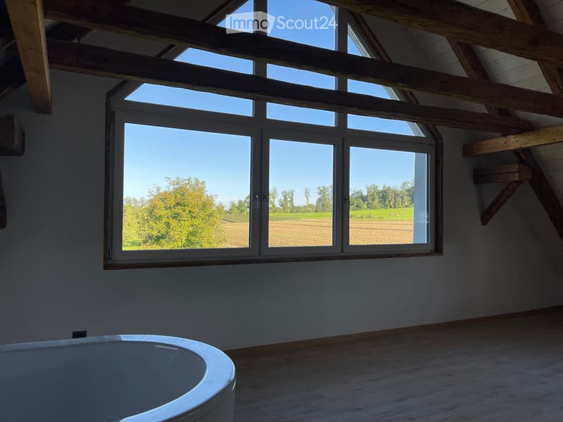 An unfurnished room with exposed wooden beams, large windows offering a view of a rural landscape, and a modern bathtub in the foreground.