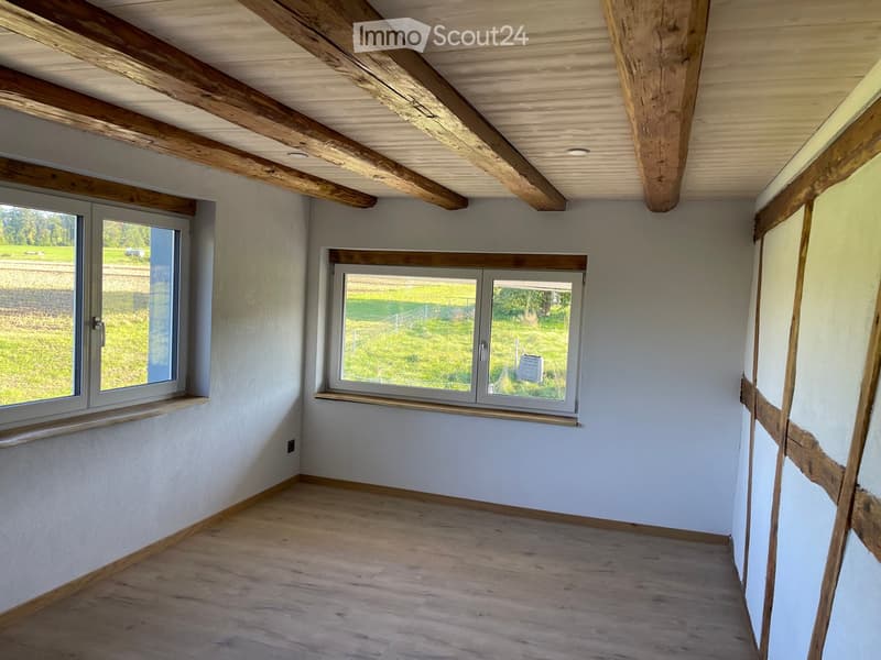 Empty room with wooden floor, white walls, exposed wooden beams on the ceiling, and two windows offering a view of a grassy field.