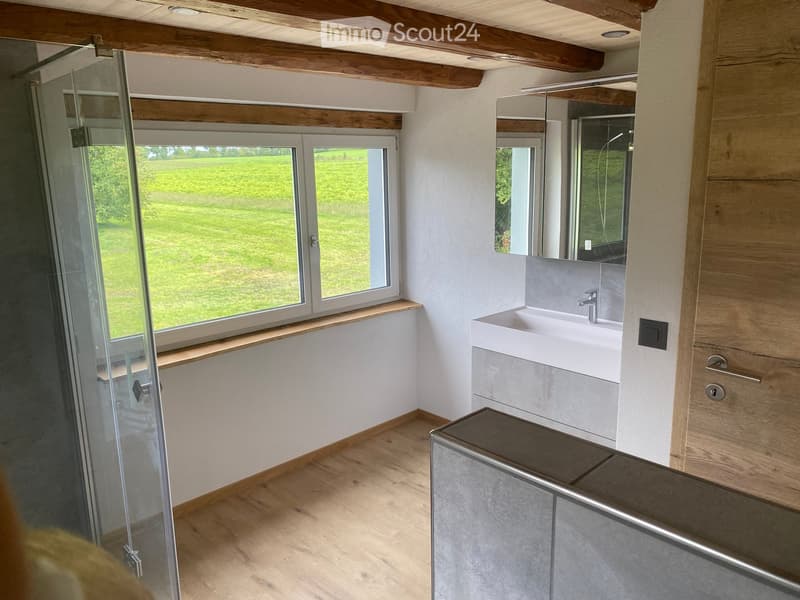 Modern bathroom with wooden ceiling beams, white walls, wooden floor, large window, glass shower enclosure, white sink, and mirror.