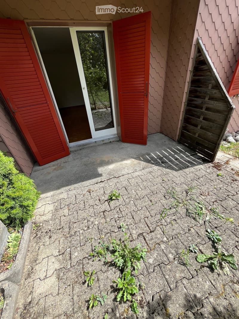 Patio area with stone tiles, small plants, and a wooden staircase leading up to a house entrance with red shutters and a glass door.
