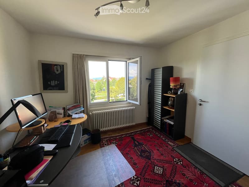 A well-lit room with a desk setup, a large window with a view, a bookshelf, and a colorful rug.